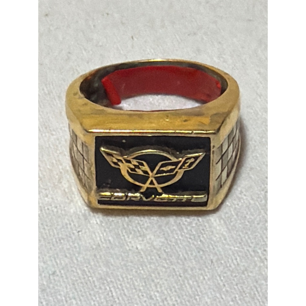 Vintage Chevrolet Corvette C5 Logo Signet Ring Gold Tone Checkerboard Enamel